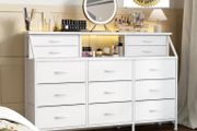 Dresser for Bedroom with 13 Drawers, 55 Wide Chest of Drawers, Fabric Dresser with 2 Wooden Shelves