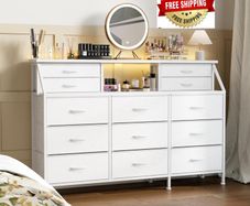 Dresser for Bedroom with 13 Drawers, 55 Wide Chest of Drawers, Fabric Dresser with 2 Wooden Shelves