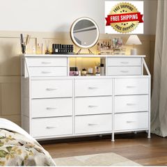 Dresser for Bedroom with 13 Drawers, 55 Wide Chest of Drawers, Fabric Dresser with 2 Wooden Shelves