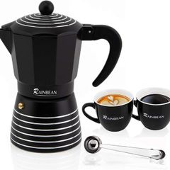 Rainbean Striped Black Stove Top Pot Espresso Maker 300 ml / 6 Cup Moka Gift Set with 2 Cups
