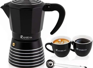 Rainbean Striped Black Stove Top Pot Espresso Maker 300 ml / 6 Cup Moka Gift Set with 2 Cups