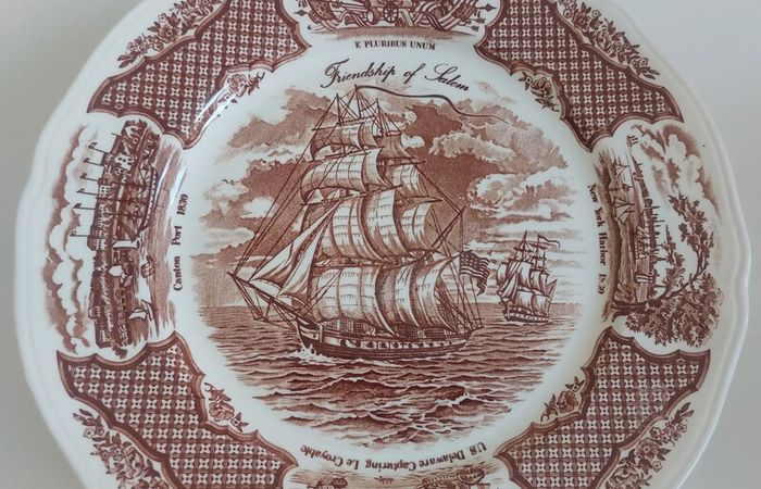Fabulous Vintage 35 Piece Brown and White Fair Winds, Historical Scenes of Chinese Export to America Dinner Service by Alfred Meakin, Staffordshire