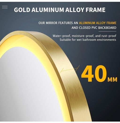 Round Bathroom Mirror with Lights Gold Frame Leather Strap Illuminated Bathroom LED Mirror