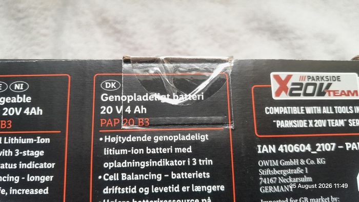 Lidl Parkside 20V X20V Battery 4.0 Ah PAP 20 B3 Li-Ion