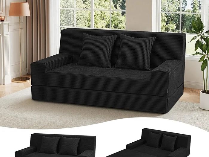 Convertible Folding Sofa Bed, Corduroy Boneless Couch, Black Folding Foam Boneless Couch with 2 Pillows, Sleeper Lounger Foldable Sofa for Small Spaces, Bedroom and Guest Room