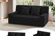 Convertible Folding Sofa Bed, Corduroy Boneless Couch, Black Folding Foam Boneless Couch with 2 Pillows, Sleeper Lounger Foldable Sofa for Small Spaces, Bedroom and Guest Room