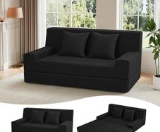 Convertible Folding Sofa Bed, Corduroy Boneless Couch, Black Folding Foam Boneless Couch with 2 Pillows, Sleeper Lounger Foldable Sofa for Small Spaces, Bedroom and Guest Room
