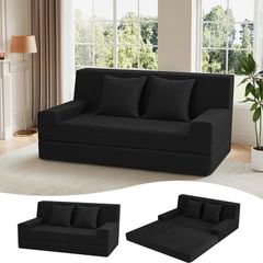 Convertible Folding Sofa Bed, Corduroy Boneless Couch, Black Folding Foam Boneless Couch with 2 Pillows, Sleeper Lounger Foldable Sofa for Small Spaces, Bedroom and Guest Room