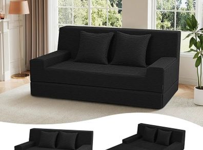 Convertible Folding Sofa Bed, Corduroy Boneless Couch, Black Folding Foam Boneless Couch with 2 Pillows, Sleeper Lounger Foldable Sofa for Small Spaces, Bedroom and Guest Room