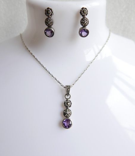 Vintage 925 Sterling Silver Amethyst and Marcasite Necklace and Earring Set