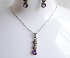 Vintage 925 Sterling Silver Amethyst and Marcasite Necklace and Earring Set