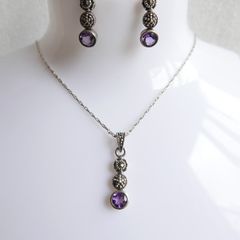 Vintage 925 Sterling Silver Amethyst and Marcasite Necklace and Earring Set