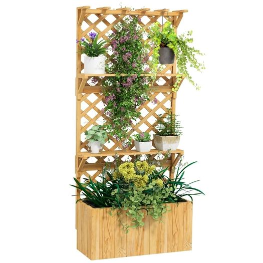 52L Wooden Planter, with Trellis and Shelves Natural Finish