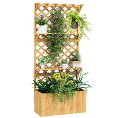 52L Wooden Planter, with Trellis and Shelves Natural Finish