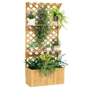 52L Wooden Planter, with Trellis and Shelves Natural Finish