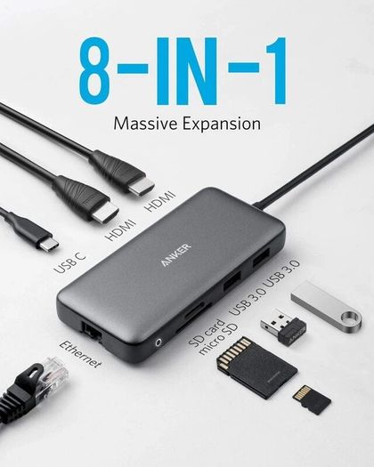 USB-C Hub, 8-in-1 USB C Dock, Dual 4K HDMI USB C to USB Adapter, 100W Power Delivery, SD Card Reader