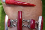 Vintage Red Fossilized Coral .925 Sterling Silver handcrafted Large Bali Bracelet and Red Coral Horn Pendant Necklace