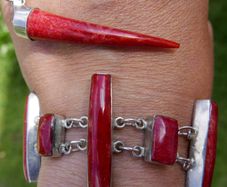 Vintage Red Fossilized Coral .925 Sterling Silver handcrafted Large Bali Bracelet and Red Coral Horn Pendant Necklace