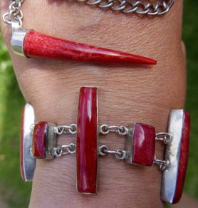 Vintage Red Fossilized Coral .925 Sterling Silver handcrafted Large Bali Bracelet and Red Coral Horn Pendant Necklace