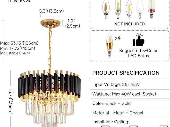 Black and Gold Crystal Chandelier Pendant Light, Small Modern Crystal Chandelier for Entryway, Corridor, Balcony, Porch, Restaurant, Door Opening, E27 x 3, ?40cm