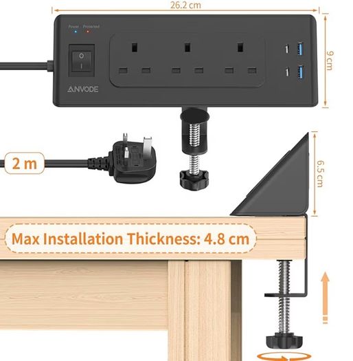3 Way Plug Extension Socket with 4 USB, Desk Extension Lead 2M with Switch, Surge Protecion Multi Plug Extender for Home Office