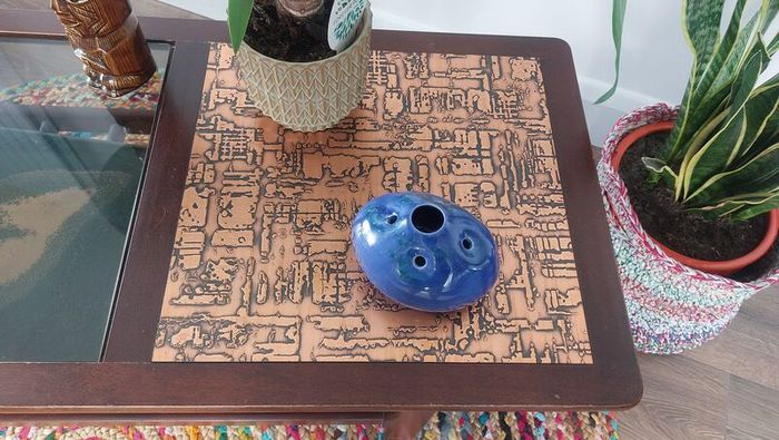 Stunning and Unique/Rare Mid Century Modern Wooden Coffee Table with Smoked Glass and Acid-Etched Copper Inlay and Slatted Magazine Shelf