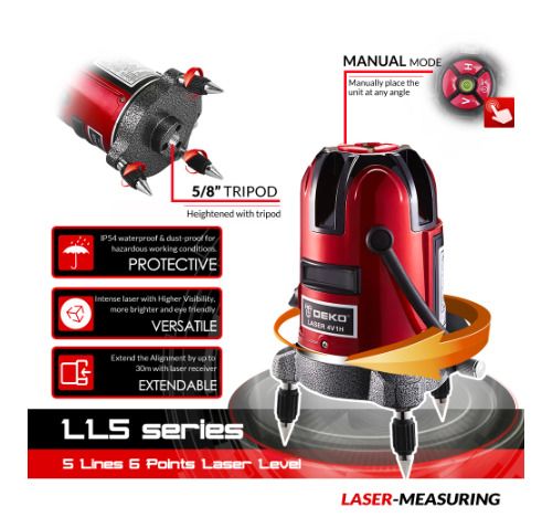 5 Line 6 Points Red Laser Level Self-leveling Higher Visibility Precise Horizontal&Vertical Adjustment