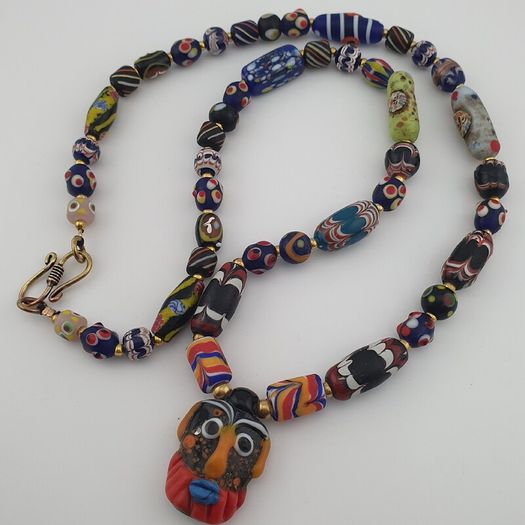 Antique Venetian Style MultiColor Mix Glass & Old Face Glass Pendant Necklace
