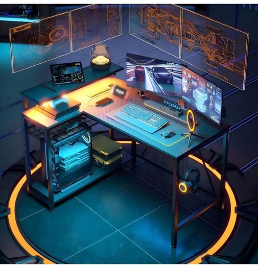 106.5CM L-Shaped Gaming Desk with RGB LED Lights Carbon Fibre Surface, 3 Power Outlets & 2 USB Ports, Reversible Corner Desk with Shelves & Hooks for Home Office & Small Spaces