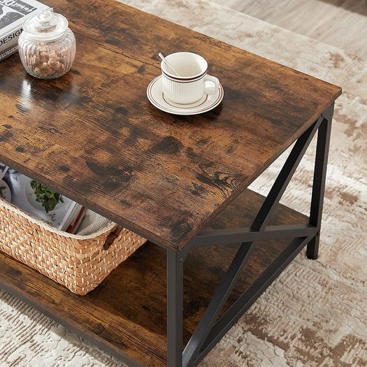 _Coffee Table with X-Shaped Struts, Steel Frame and Shelves, 100 x 55 x 45 cm, Industrial Design, Country House Style, Vintage Brown / Black