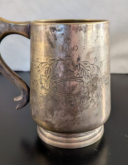 Late Victorian Vintage EPN Tankard 1880 to 1900 Engraved Floral Silver Plate Mug