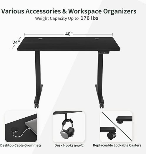 Height Adjustable Electric Standing Desk, 100x60cm Stand up Table, Sit Stand Home Office Desk with Splice Board, Black Frame/Black Top (FREE POSTAGE)