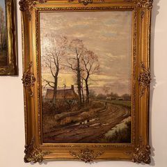 Large French oil painting in antique frame