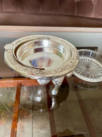 Vintage Silver Colour Roll Top Butter Dish with Glass Insert or Ornate Caviar Server