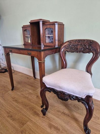 Edwardian inlaid writing desk& carved chair