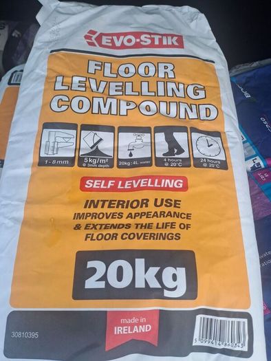 Tile adhesive, self levelling compound and grout.