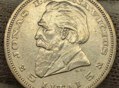 Lithuania Silver 1936 5 Litai Coin Jonas Basanavicius