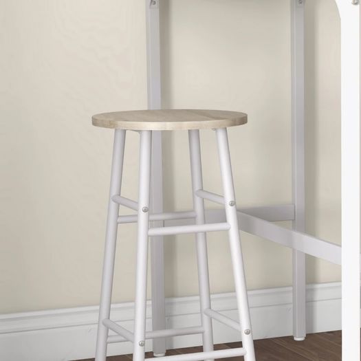 High bar table set + 2 stools, steel frame, natural wood-effect top, 2-person, white