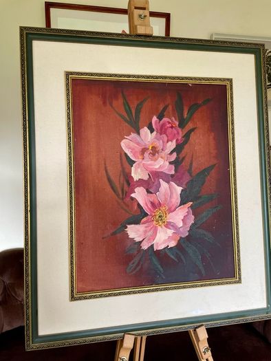 Vintage Peonies Floral Original Acrylic Painting In Ornate Frame