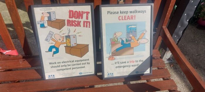 2 x framed safety pictures for ESB illustrated images,,,buyer collects, nice for any advertising wall display,,one glass broke on one picture,but can be easy replace ,,sold as seen,I reckon 80s 90s