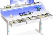 Electric Standing Desk, 120 x 54cm Height Adjustable Desk with 3 Drawers, RGB LED Strip &amp; Charging Station for Home Office Computer Workstation, Computer Table with Monitor Stand, White