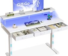 Electric Standing Desk, 120 x 54cm Height Adjustable Desk with 3 Drawers, RGB LED Strip & Charging Station for Home Office Computer Workstation, Computer Table with Monitor Stand, White