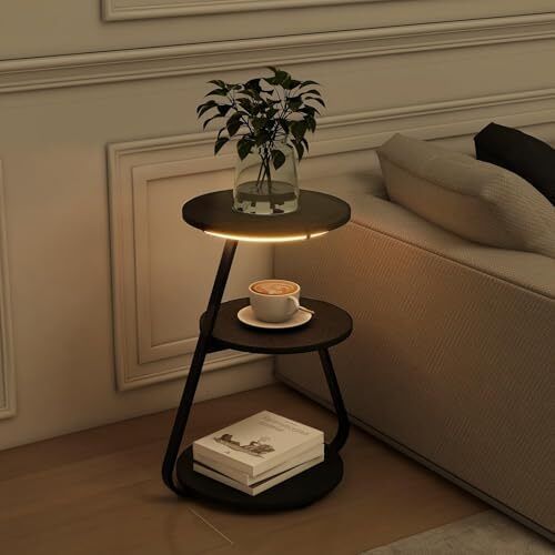 Side Table Set of 2, Bedside Small Coffee Table with 3 Color LED Lights, End Table with 3 Tier Storage Shelves for Living Room Bedroom, Black
