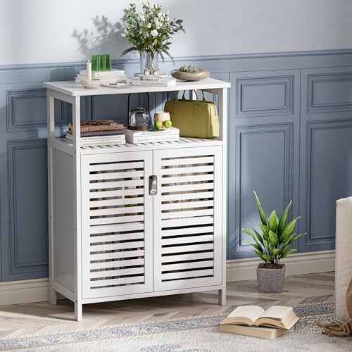 Bathroom Floor Storage Cabinet, Freestanding Bamboo Side Storage Organizer with Double Doors and Open Shelves, Space Saving Small Kitchen Cupboard, White