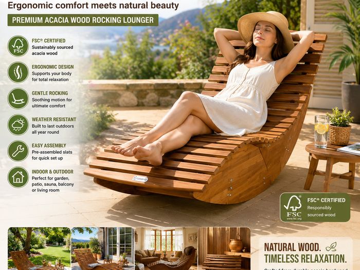 Luxury Acacia Wood Rocking Garden Lounger FSC Certified Ergonomic Relaxation Chair