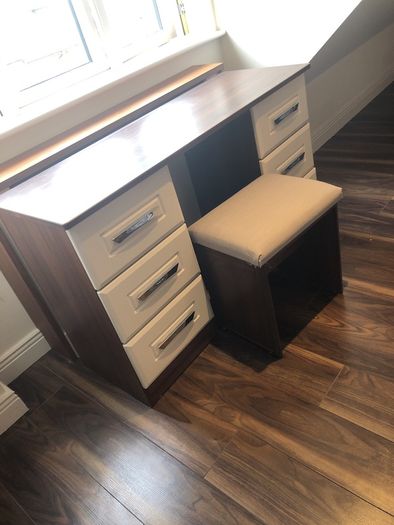 Cream and walnut vanity dresser with mirror