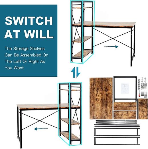 Computer Desk, Writing Desk with 4 Tier DIY Storage Shelves on Left or Right, 120 60 122cm Work Table for Office Living Room, Steel Frame, Industrial (FREE SHIPPING)