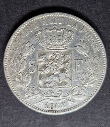 1868 Belgium 5 Francs - Leopold I Silver coin