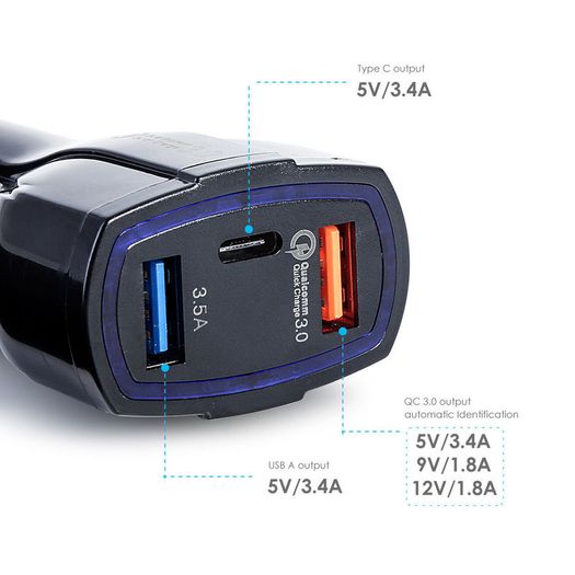 2 X QC 3.0 3 Port Fast Car Mobile Charger (Dual USB-A + Type-C) 35W (Brand New/Warranty)