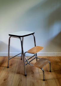 Vintage 1970s French Fold Out Kitchen Step Stool Chrome & Wood